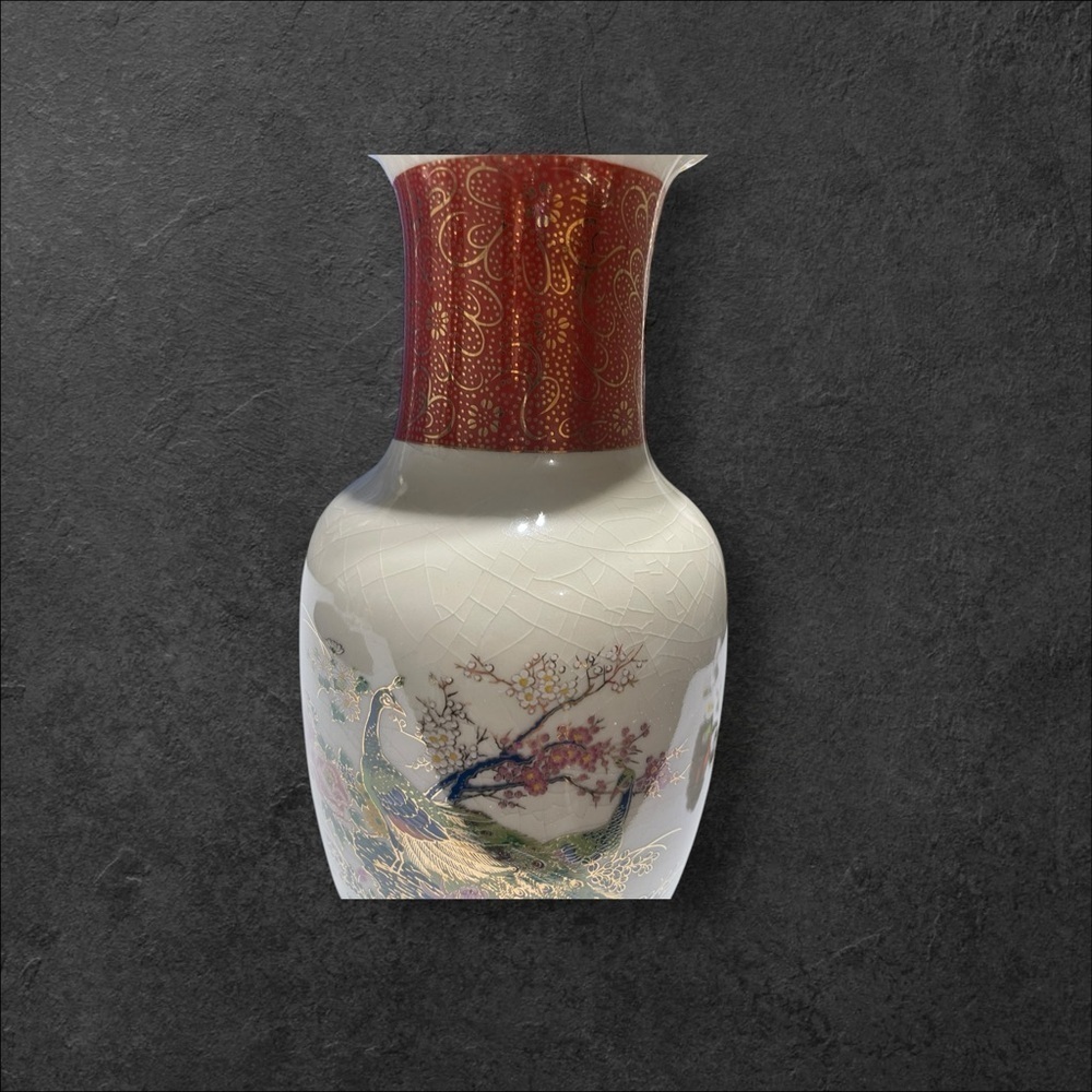 Vintage Japan Satsuma Floral Peacock 10 1/2” Vase Crackle Pattern - Picture 11 of 13